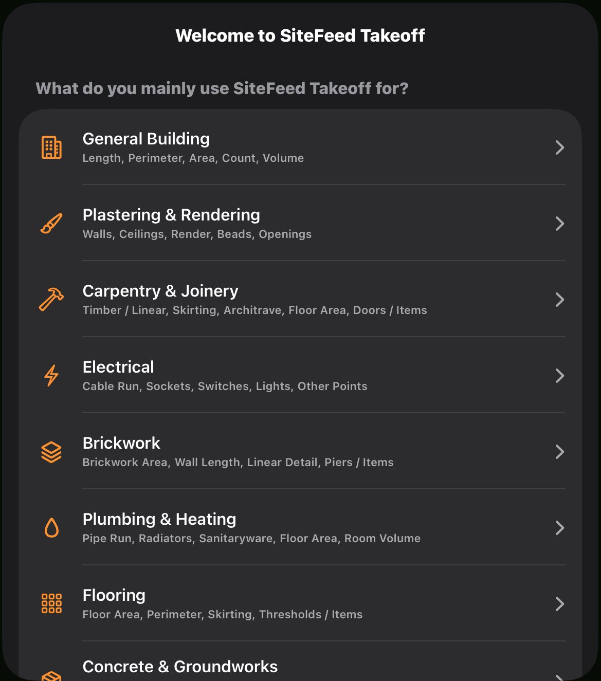 The welcome screen asking What do you mainly use SiteFeed Takeoff for?, with a list of trades from General Building to Concrete & Groundworks, each showing the starter tools it adds.