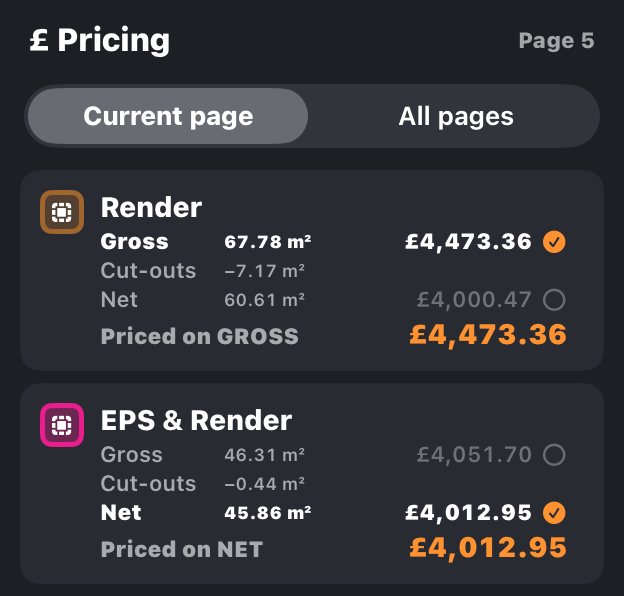 The £ Pricing panel for page 5. Render: Gross 67.78 m², Cut-outs −7.17 m², Net 60.61 m², priced on GROSS at £4,473.36. EPS & Render: Gross 46.31 m², Cut-outs −0.44 m², Net 45.86 m², priced on NET at £4,012.95. The basis that counts is ticked and the other is greyed out.
