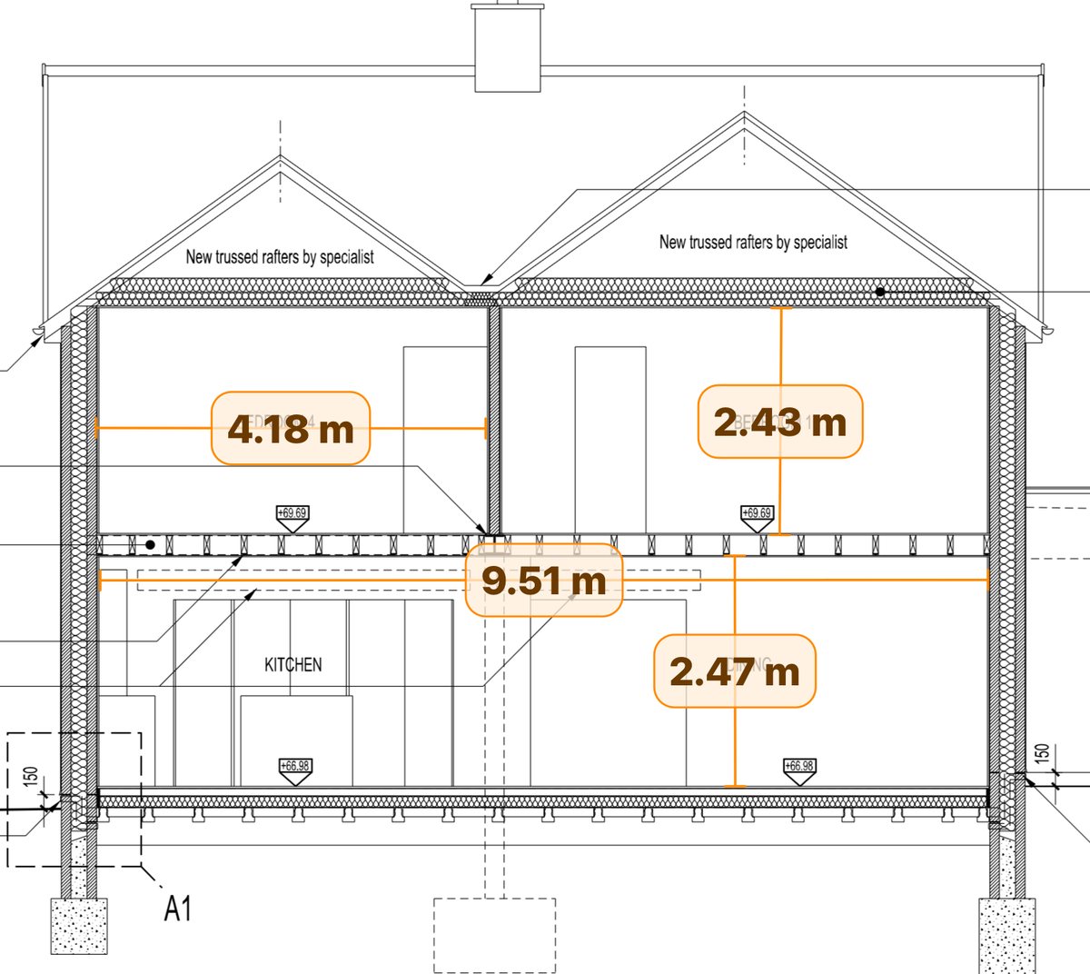 A cross-section drawing measured with the Length tool: orange dimension lines labelled 4.18 m and 9.51 m across the floors, and 2.43 m and 2.47 m for the ceiling heights.