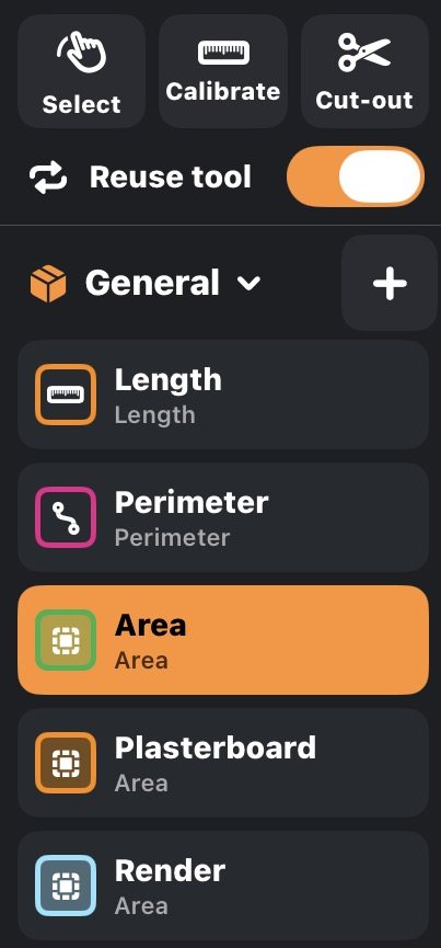 The tool sidebar: Select, Calibrate and Cut-out at the top, the Reuse tool switch, and the General toolbox with Length, Perimeter, Area, Plasterboard and Render tools.