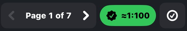 Top bar: Page 1 of 7, a green calibrated badge reading ≈1:100, and the Check scale button.